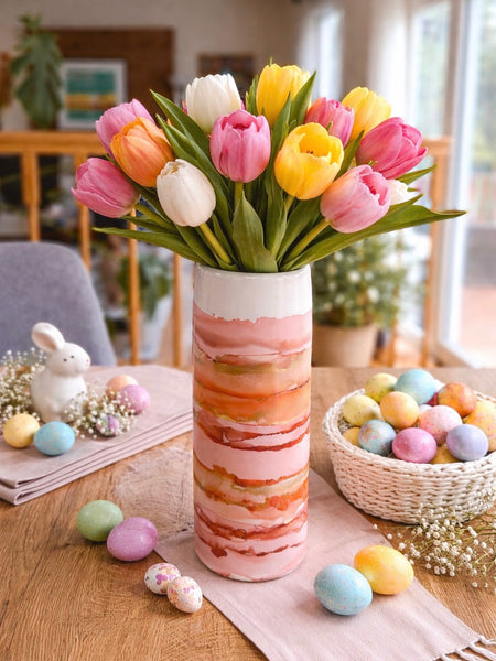 Pink and orange hand-painted cylinder vase with tulips