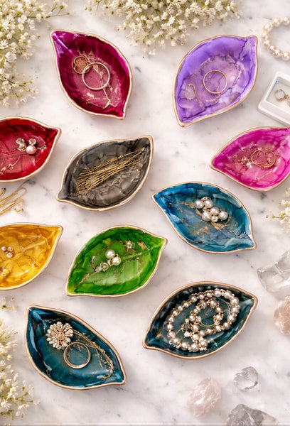 Hand painted ceramic leaf trinket dishes in many colors with jewelry